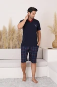 Erkek V Yaka Düğmesiz Ekose Desen Kısa Kol Cepli Şortlu %100 Pamuk Pijama Takımı - 5