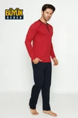 Erkek 3 Düğmeli Pamuk Likra Büyük Beden Uzun Kol Cepli Pijama Takımı - 4