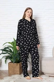 Kadın Papatya Desenli V Yaka 3 Düğmeli Viskon Büyük Beden Mevsimlik Uzun Kol Pijama Takımı - 5