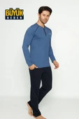 Erkek 3 Düğmeli Pamuk Likra Büyük Beden Uzun Kol Cepli Pijama Takımı - 1
