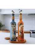 Özel Tasarım Kadın Figürlü Ahşap Stantlı 2'li 750 Ml Zeytinyağı Sıvıyağ Şişesi Yağdanlık Yağlık - 2