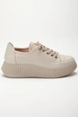 Kadın Casual Spor Ayakkabı Bej Elastik Bağcıklı Kalın Taban thumbnail 3