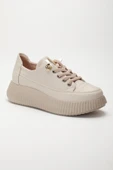 Kadın Casual Spor Ayakkabı Bej Elastik Bağcıklı Kalın Taban thumbnail 4