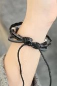 Siyah Renk Fatma Ana Eli Tasarım Çoklu Deri Bayan Bileklik - TJ-BB2705-KS thumbnail 2