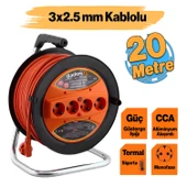 Plastik Makaralı Seyyar CCA Kablo 4 Prizli Uzatma Kablosu 3x2.5 mm 20 Metre Alüminyum Alaşım Kablosu - 1