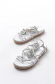 1001-1001 Beyaz Gümüş  Bilekten Bağcıklı Kadın Sandalet thumbnail 5
