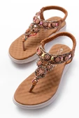 Dm-609 Taba Taşlı Arka Lastikli Parmak Arası Kadın Sandalet - 4