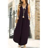 Lucky Life Kadın Askılı Yuvarlak Yaka Cepli Salaş Uzun Viskon Tulum - 1