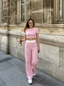 Crop pantolon biyeli takım pembe - 1