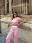 Crop pantolon biyeli takım pembe - 3