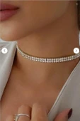 DESIGN Kadın Çift Sıra Zirkon Taşlı Rhinestone Choker Kolye - 1