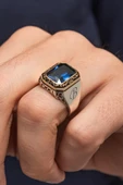 Lacivert Kare Zirkon Taşlı Harfli 925 Erkek Gümüş Yüzük thumbnail 3
