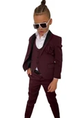 Erkek Çocuk Yakası Şerit Detaylı Cepken Yelekli Blazer Ceketli Bordo Takım Elbise - 4