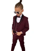 Erkek Çocuk Yakası Şerit Detaylı Cepken Yelekli Blazer Ceketli Bordo Takım Elbise - 6