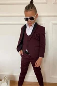Erkek Çocuk Yakası Şerit Detaylı Cepken Yelekli Blazer Ceketli Bordo Takım Elbise - 1