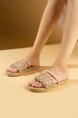 Pembe Potin Örgü Bantlı İnci Detaylı Hasır Taban Kadın Terlik 81-5-24 thumbnail 8