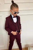 Erkek Çocuk Yakası Şerit Detaylı Cepken Yelekli Blazer Ceketli Bordo Takım Elbise - 3