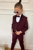 Erkek Çocuk Yakası Şerit Detaylı Cepken Yelekli Blazer Ceketli Bordo Takım Elbise - 2