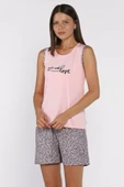 Pembe Kadın Bisiklet Yaka Baskılı Şortlu Pijama Takımı - 2