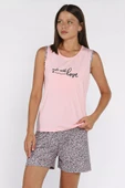 Pembe Kadın Bisiklet Yaka Baskılı Şortlu Pijama Takımı - 1