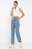 Açıkmavi Kadın Bel Ve Paça Lastikli Yüksek Bel Jean Kot Pantolon - 2