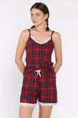 Bordo Kadın Ekose Desenli İp Askılı Şortlu Pijama Takımı - 2