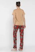 Bej Kadın Ekose Desenli Yarım Kol Baskılı Pijama Takımı - 3