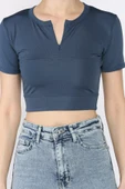 Petrol Kadın Ön Fermuarlı Modal Kumaş Crop Top Bluz - 4