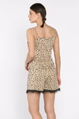 Bej Kadın İp Askılı Leopar Desenli Şortlu Pijama Takımı - 3