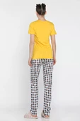 Sarı Kadın Ekose Desenli Baskılı Kısa Kol Pijama Takımı - 3