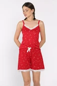 Kırmızı Kadın İp Askılı Şortlu Baskılı Pijama Takımı - 2