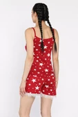 Bordo Kadın İp Askılı Yıldız Baskılı Şortlu Pijama Takımı - 3