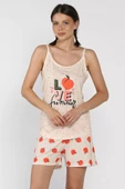 Bej Kadın Baskılı Şortlu Pijama Takımı - 1