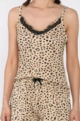 Bej Kadın İp Askılı Leopar Desenli Şortlu Pijama Takımı - 4