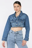 Lacivert Kadın Crop Top Jean Kot Ceket - 1