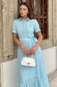Mavi Kadın İç Astarlı Bel Kuşak Detaylı Brode Elbise - 3