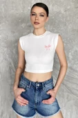 Krem Kadın Japone Kol Fiyonklu Fitilli Crop Top Bluz - 1