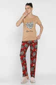 Bej Kadın Ekose Desenli Yarım Kol Baskılı Pijama Takımı - 2