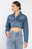 Lacivert Kadın Crop Top Jean Kot Ceket - 3