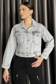 Açıkgri Slim Fit Kadın Jean Kot Ceket - 1