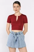 Bordo Kadın Ön Fermuarlı Modal Kumaş Crop Top Bluz - 2
