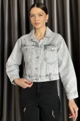 Açıkgri Slim Fit Kadın Jean Kot Ceket - 2