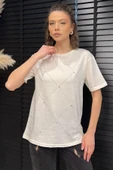 Krem Taşlı Kadın Tişört - 2