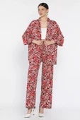 Bordo Kadın Desenli Kimono Pantolon İkili Takım - 1