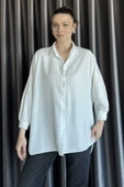 Krem Kadın Çizgi Desenli Uzun Kol Oversize Gömlek - 1