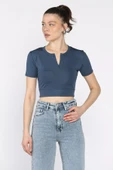 Petrol Kadın Ön Fermuarlı Modal Kumaş Crop Top Bluz - 1