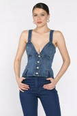 Lacivert Arkası Korseli Jean Kot Büstiyer - 1