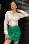 Beyaz Kadın Pile Detaylı Arka Bağlamalı Crop Top Gömlek - 1