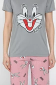 Gri Kadın Bisiklet Yaka Kısa Kol Baskılı Pijama Takımı - 4