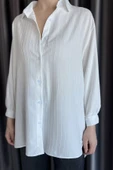 Krem Kadın Çizgi Desenli Uzun Kol Oversize Gömlek - 4